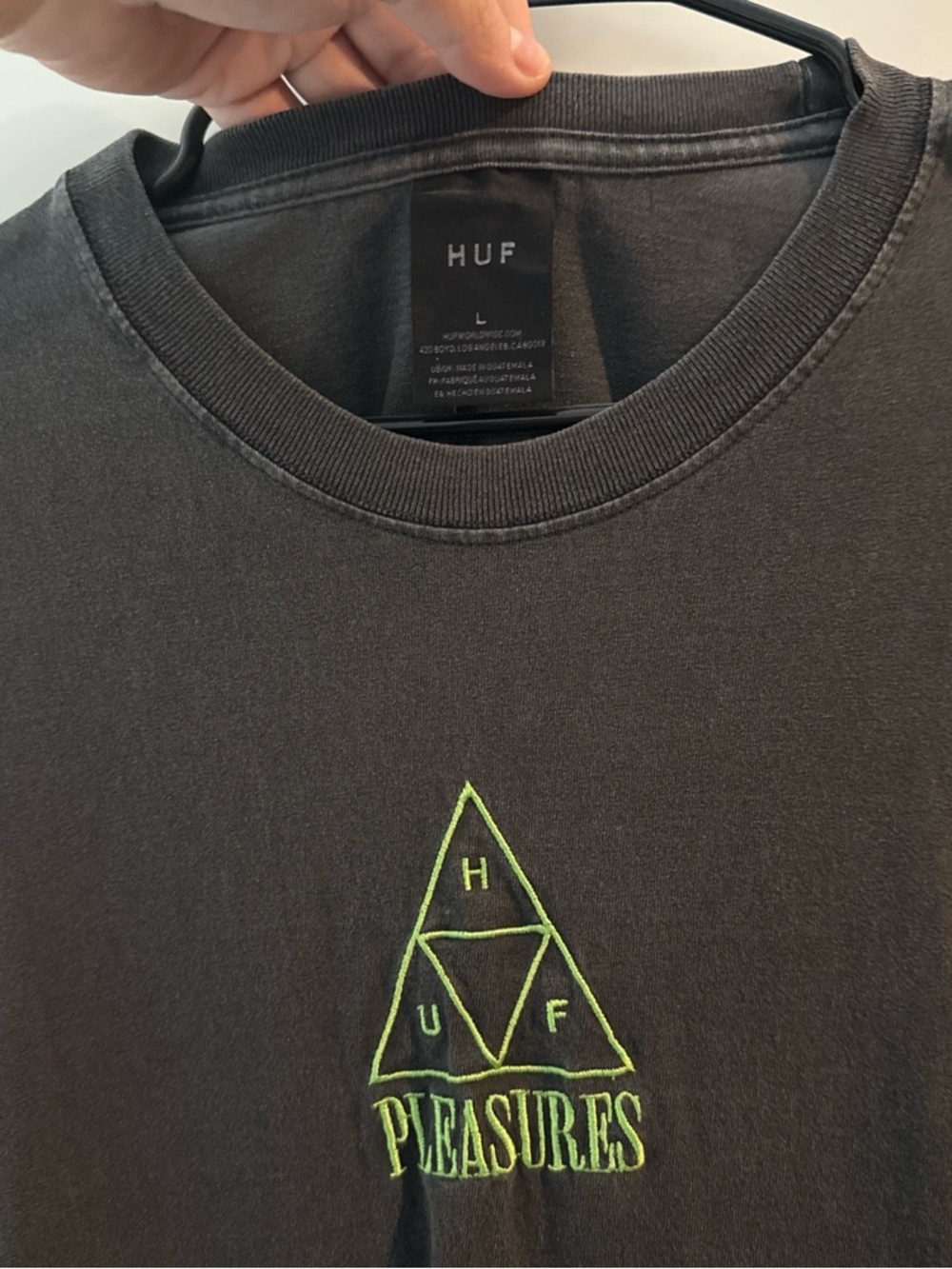 HUF Black Short Sleeve Tee with Neon Green Pleasures Logo
